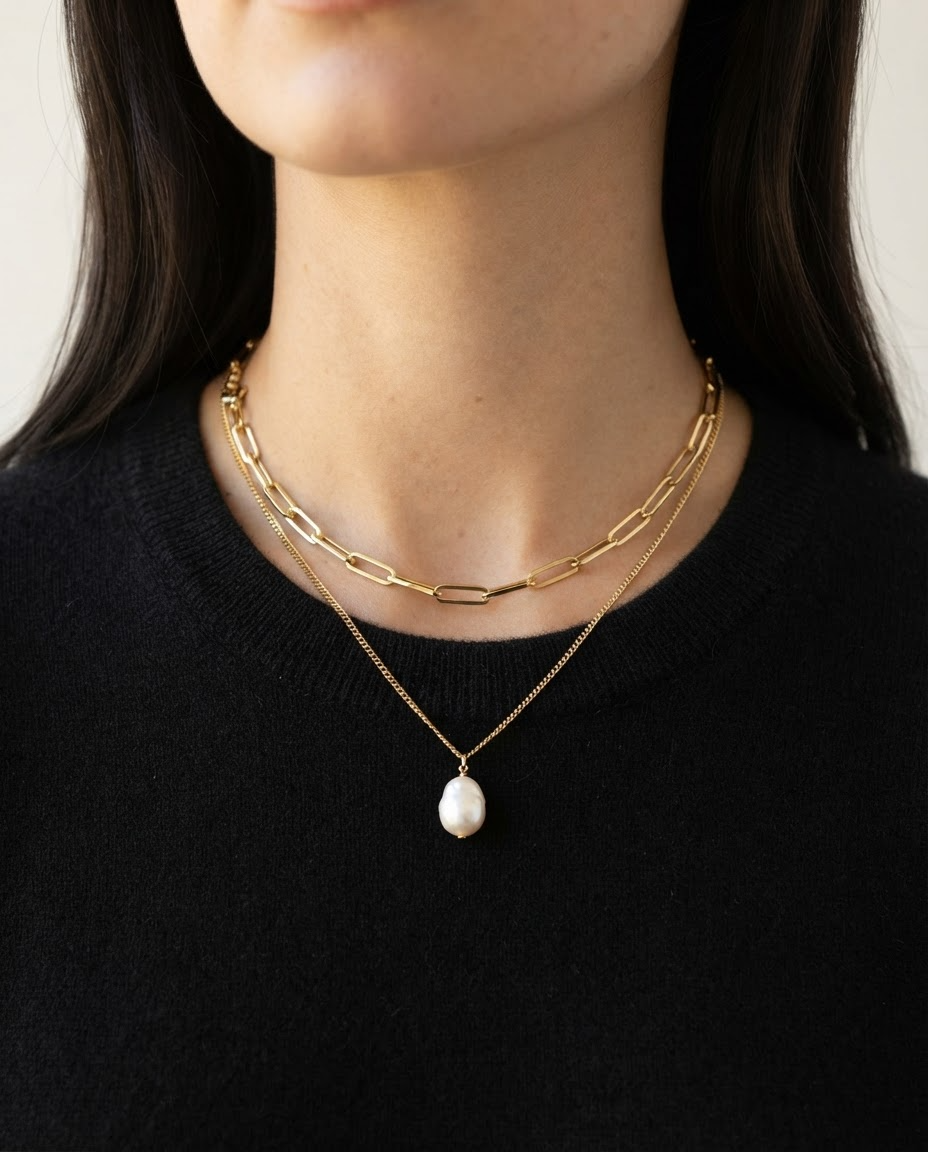 Freshwater Pearl Titanium Steel Double-Layered Necklace