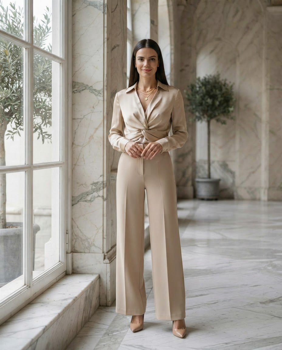 Satin Twist-Front Top and Wide-Leg Pants Set