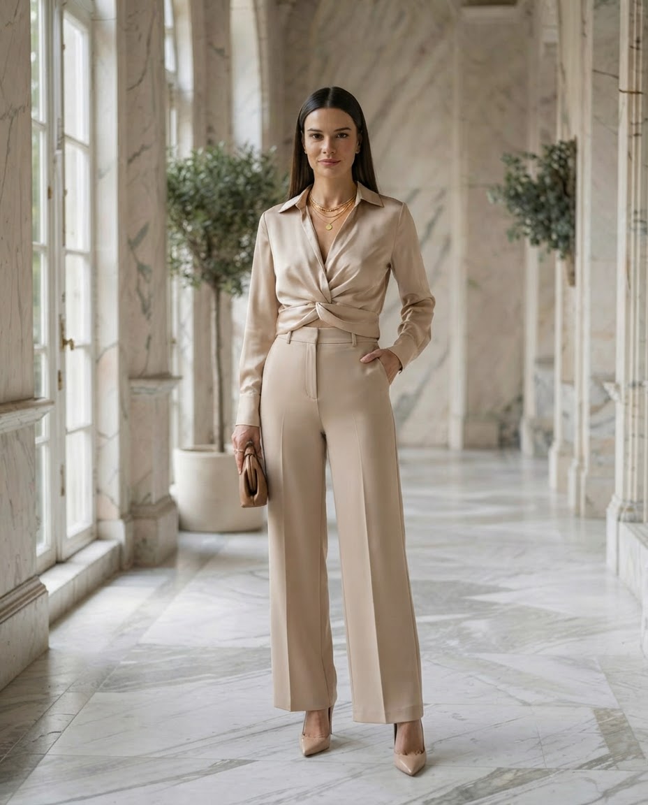 Satin Twist-Front Top and Wide-Leg Pants Set