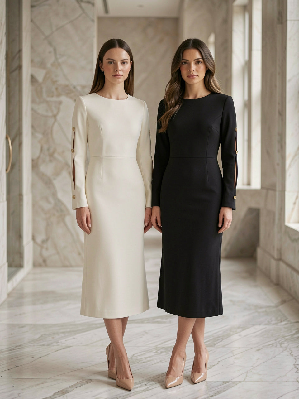 Slit Sleeve Midi Dress with Decorative Button in white and black colorways, two models