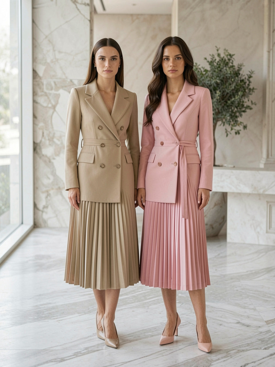 Two models wearing double-breasted pleated blazer dress in beige and blush pink colorways