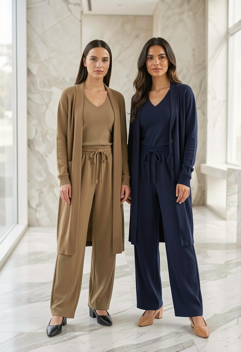 V-Neck Top, Cardigan and Pants Three-Piece Set in khaki and navy colorways, two models wearing elegant heeled mules