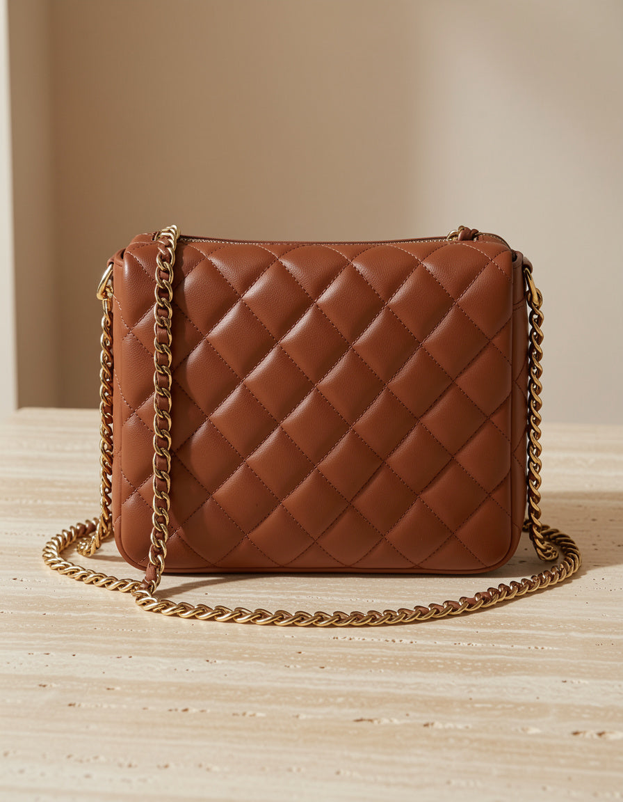 Detalle macro del acolchado y cadena del Quilted Chain Shoulder Bag
