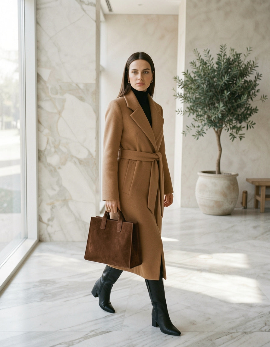 Modelo caminando en atrio de marmol con Suede Leather Large Handbag chocolate