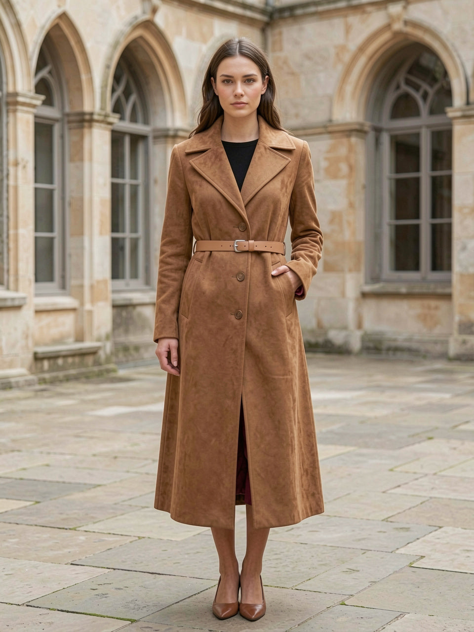 Khaki suede-effect longline coat with pointed lapel collar and thin leather belt, front view