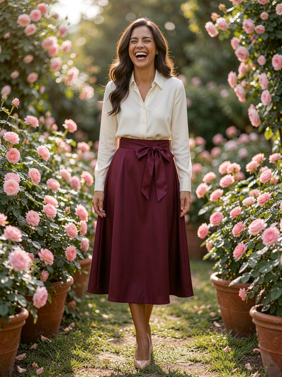 Satin A-Line Midi Skirt with sash bow, ivory blouse, garden setting