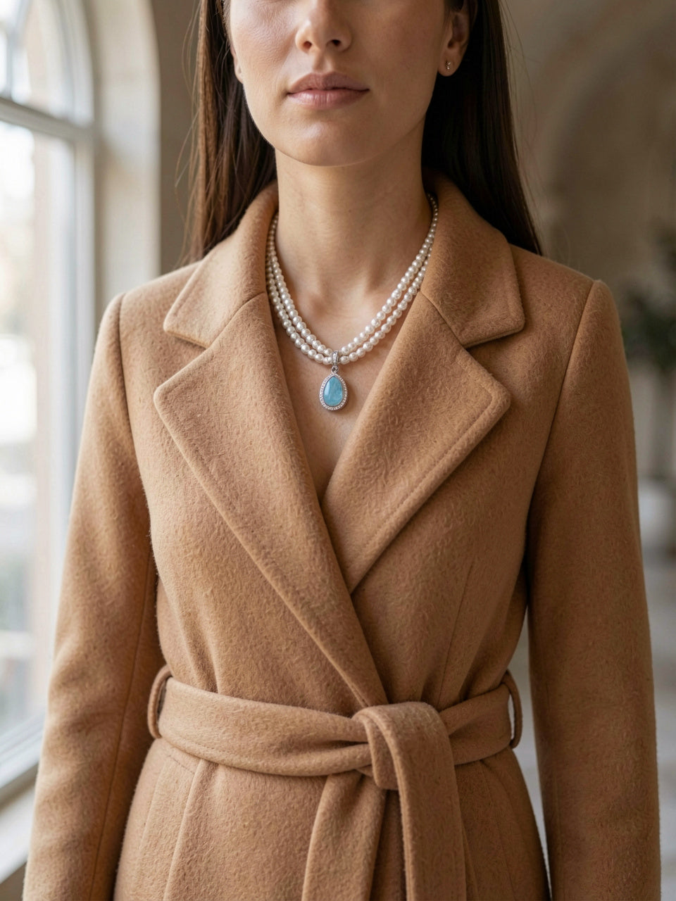 Mujer luciendo collar de perlas de dos hilos en capas color blanco/crema con dije en forma de gota de piedra azul y halo de pavé