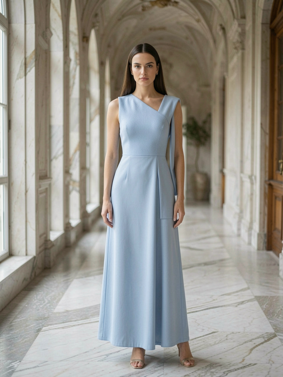 Light blue textured single-shoulder midi dress, asymmetric one-shoulder neckline, worn by model in marble old-money hallway