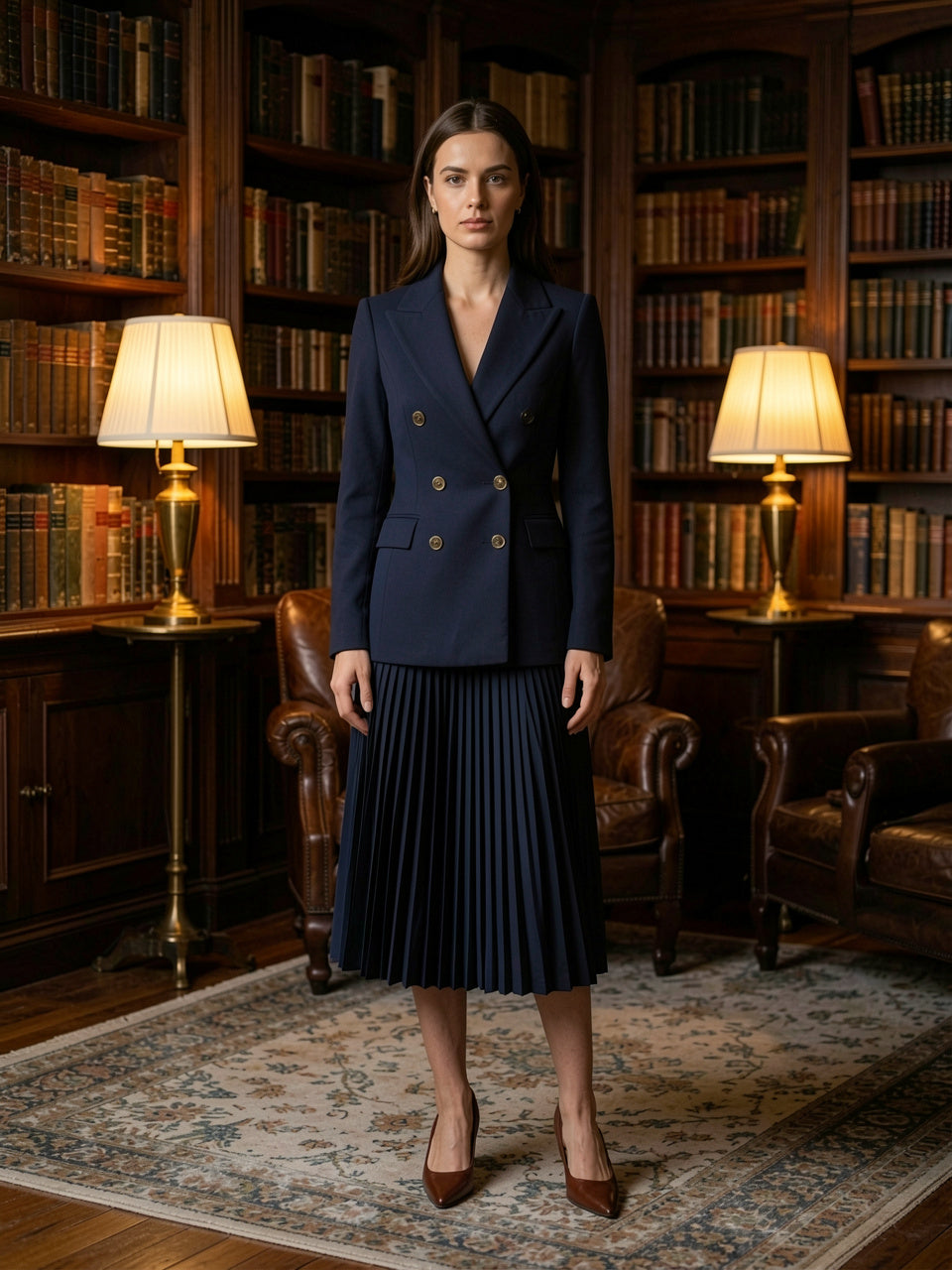 Model wearing navy double-breasted pleated blazer dress in a wood-paneled library