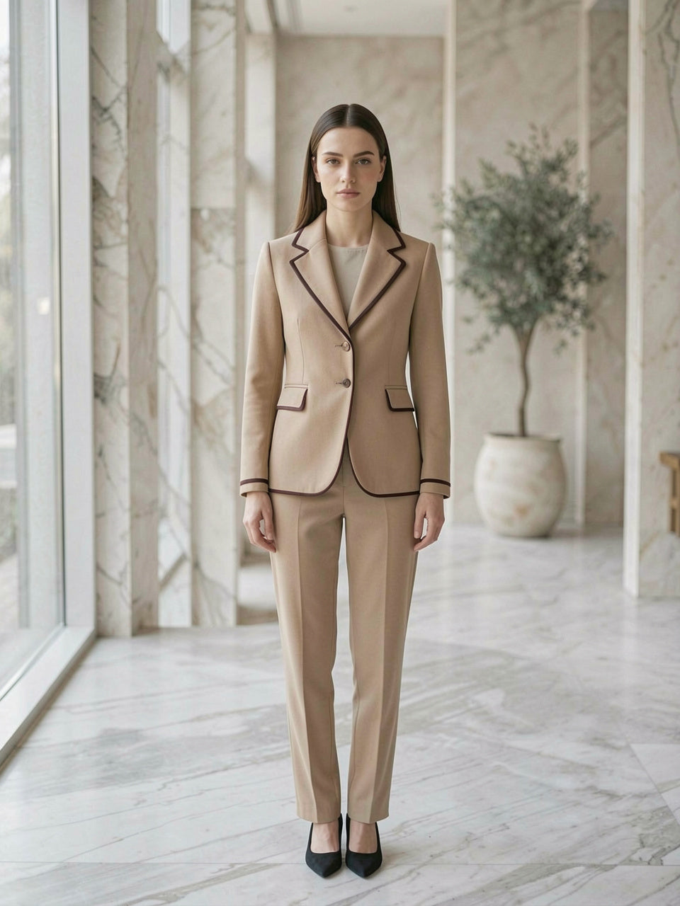 Model wearing beige contrast trim button-up blazer in a marble old-money interior
