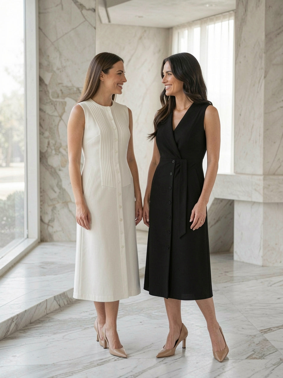 Button-Front Pintuck Midi Dress in white and black colorways