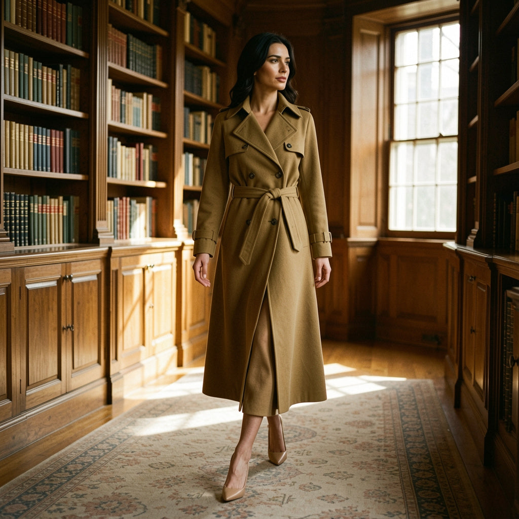 Long-sleeve single-breasted khaki trench coat, walking in library