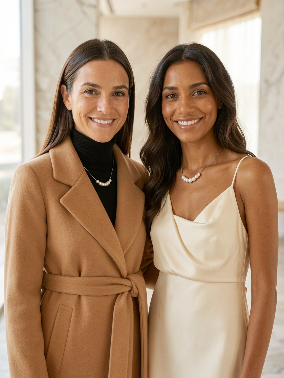 Adjustable Pearl Necklace, two women wearing the necklace together