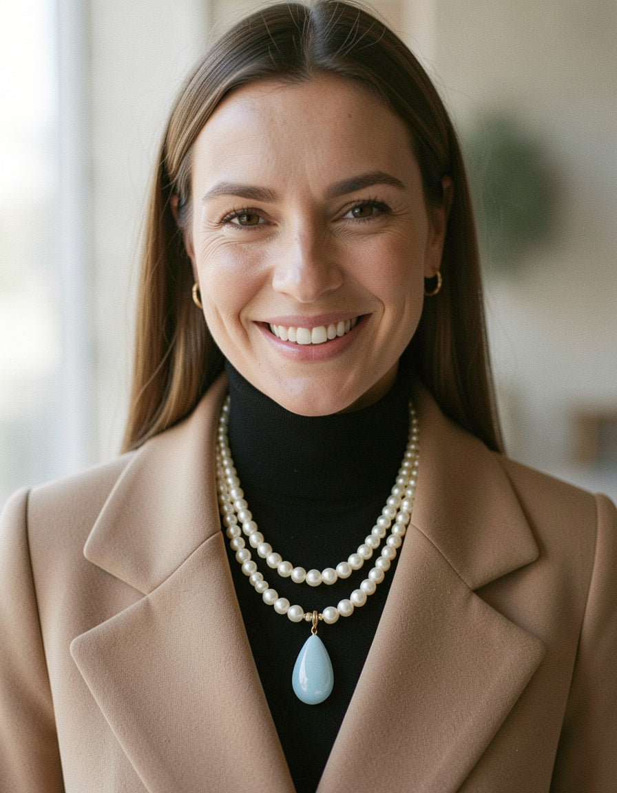 Double Layered Pearl Necklace with Teardrop Pendant