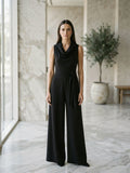 Sleeveless wide-leg tie-waist jumpsuit in black, cowl neckline, front view