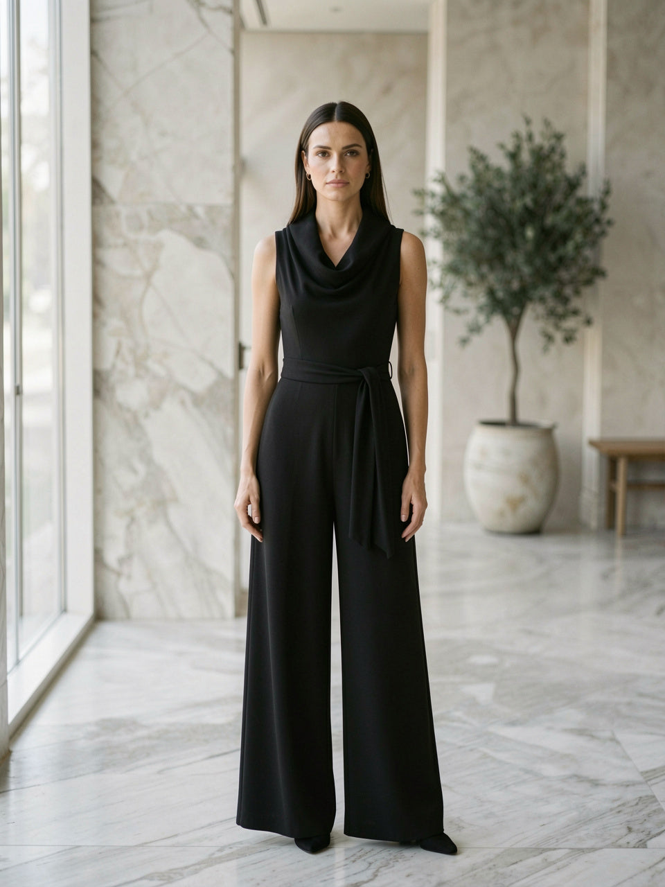 Sleeveless wide-leg tie-waist jumpsuit in black, cowl neckline, front view