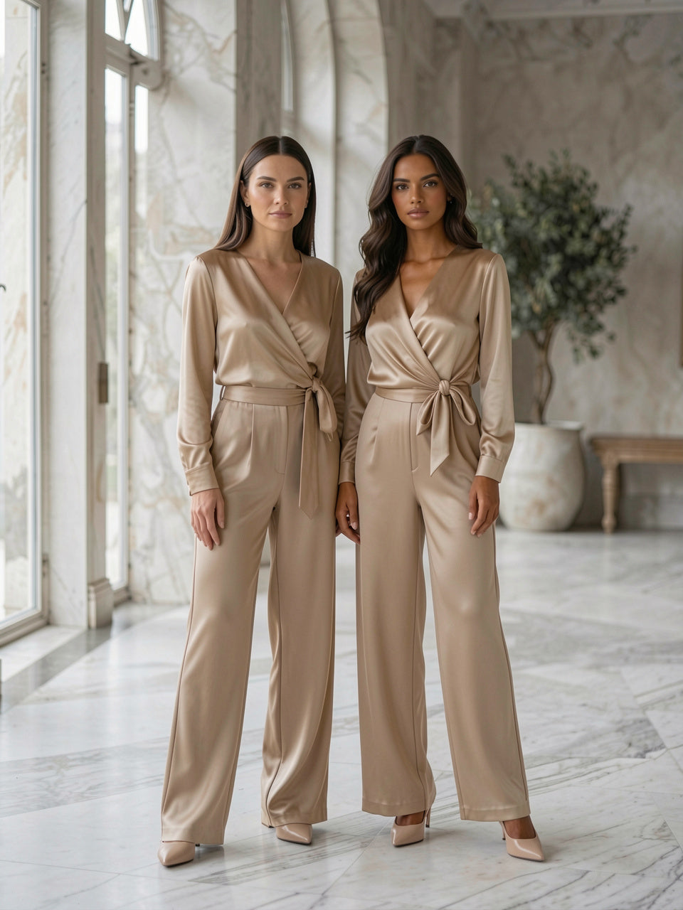 Two models wearing the satin twist-front top and wide-leg pants set in beige
