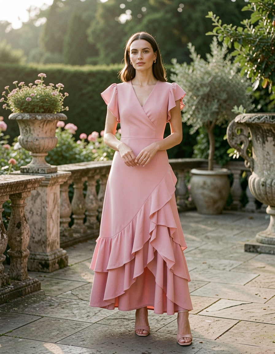 V-Neck Flutter Sleeve Dress