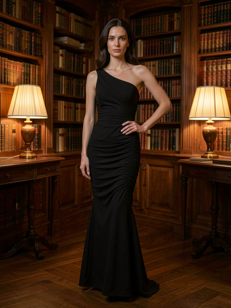 Black one-shoulder ruched maxi dress in wood-paneled library setting