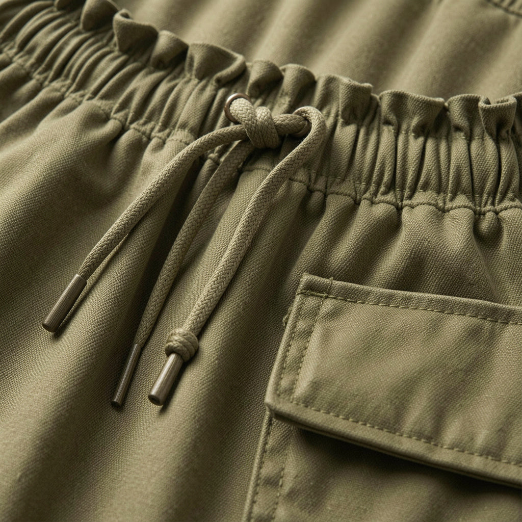 Fabric and drawstring waist detail of utility trousers
