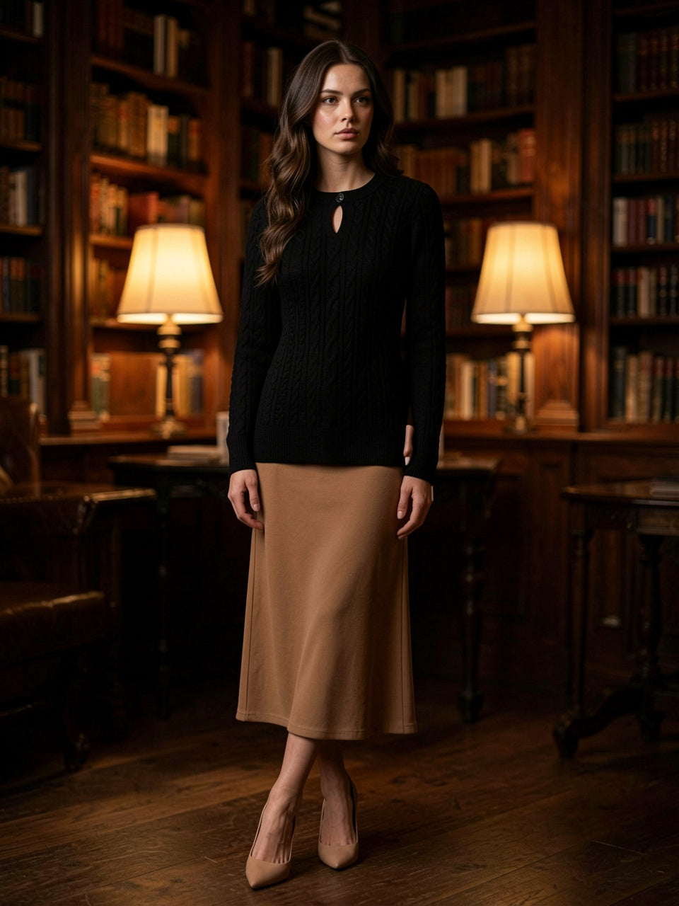 Keyhole cable-knit pullover sweater in black, alternate view