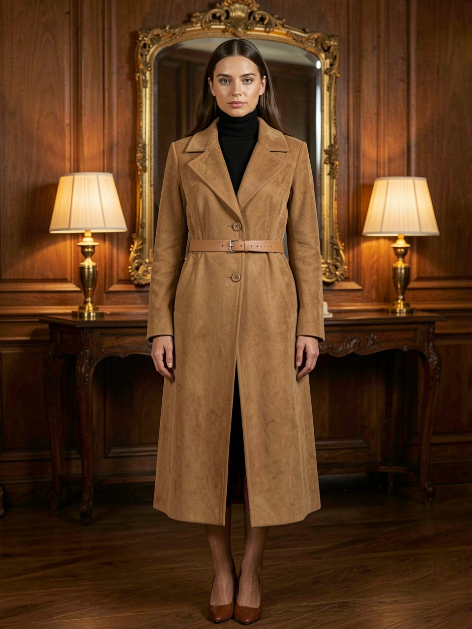 Khaki suede-effect longline coat styled in a wood-paneled interior