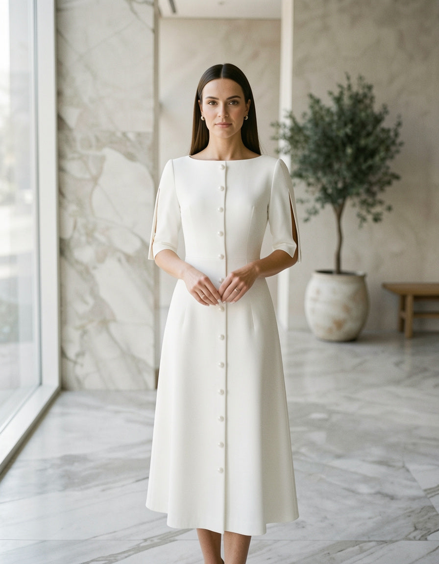Slit Sleeve Midi Dress with Decorative Button