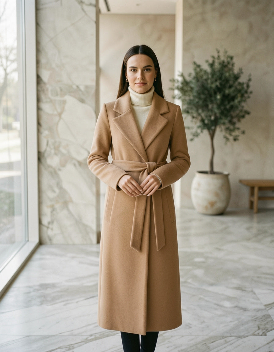 Camel wool overcoat, front view in marble hall