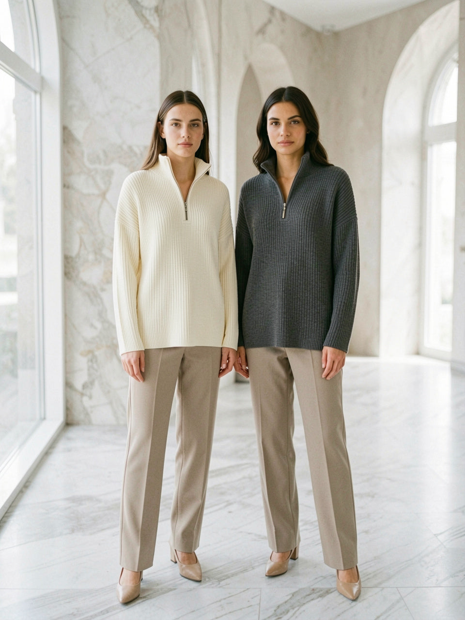 Dos mujeres con suéter oversized de media cremallera en crema y gris oscuro, manga larga, un solo jalador cada una