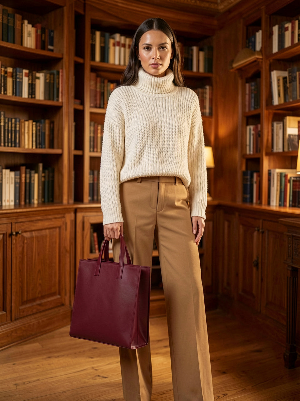 PU Leather Tote Bag en vino, modelo con un solo bolso en biblioteca de madera