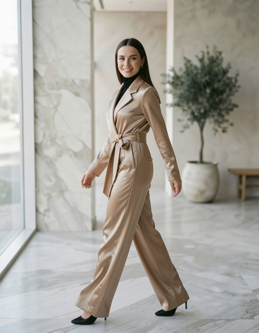 Satin Twist-Front Top and Wide-Leg Pants Set