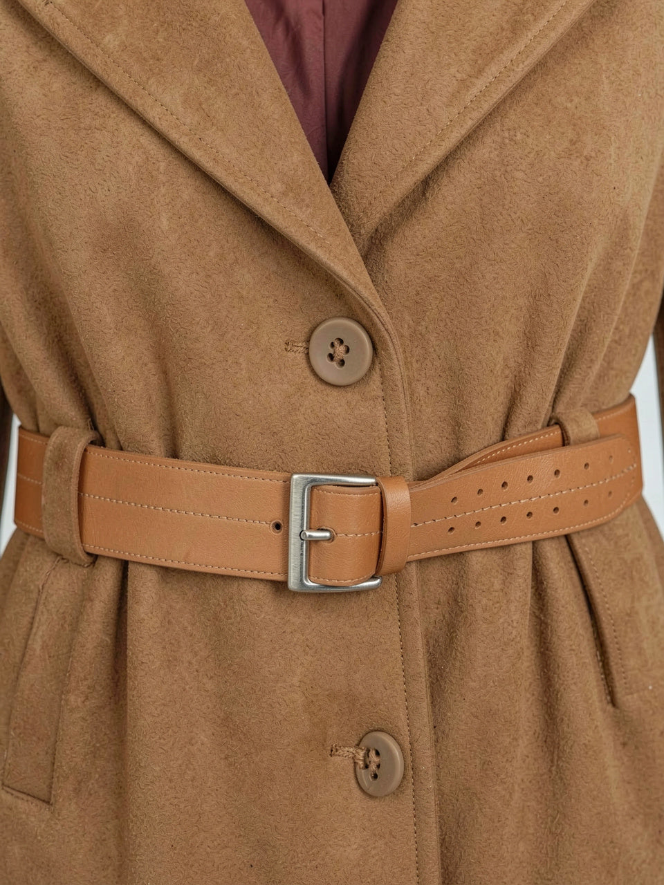 Khaki suede-effect longline coat lapel, button and leather belt detail