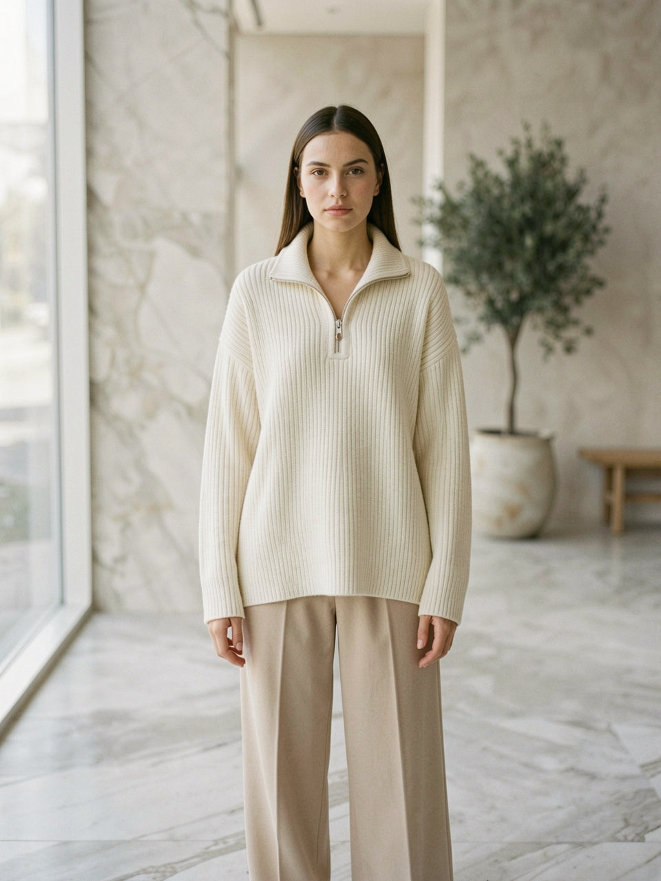 Mujer con suéter oversized de media cremallera color crema, cuello alto, un solo jalador de cremallera, manga larga, estilo old-money