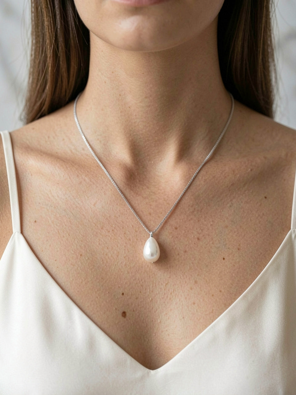 925 Sterling Silver Pearl Drop Necklace, close-up front view