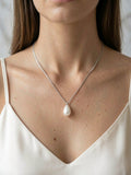 925 Sterling Silver Pearl Drop Necklace, close-up front view