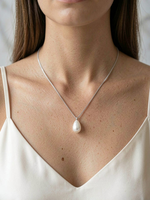 925 Sterling Silver Pearl Drop Necklace, close-up front view