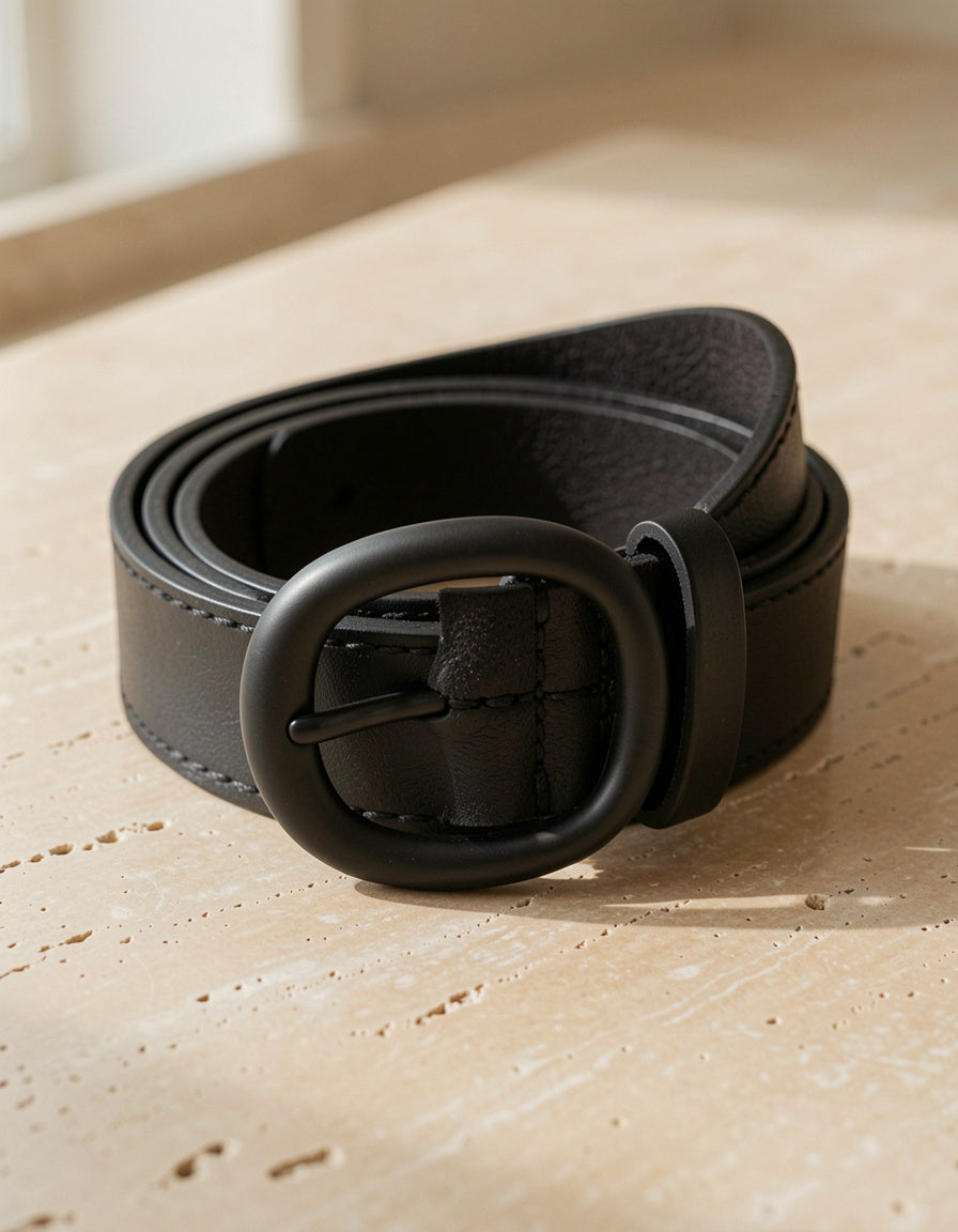 Detalle macro del cierre oval en cuero del Oval Buckle Leather Belt