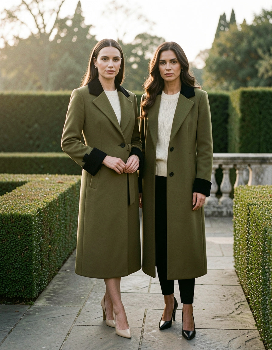 Olive contrast collar coat styled two ways