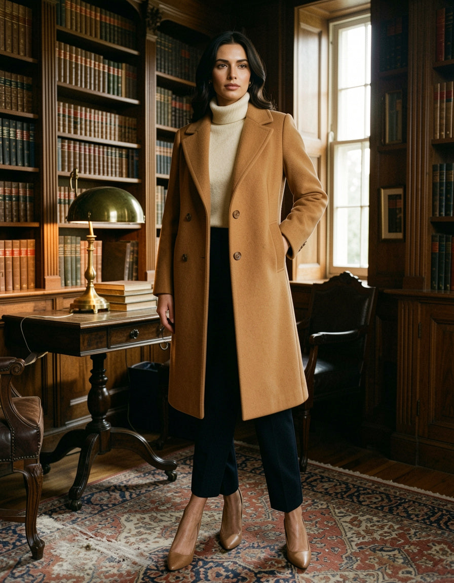 Camel wool overcoat styled in a panelled library