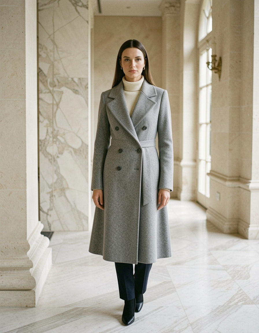 Grey double-breasted wool coat, front view