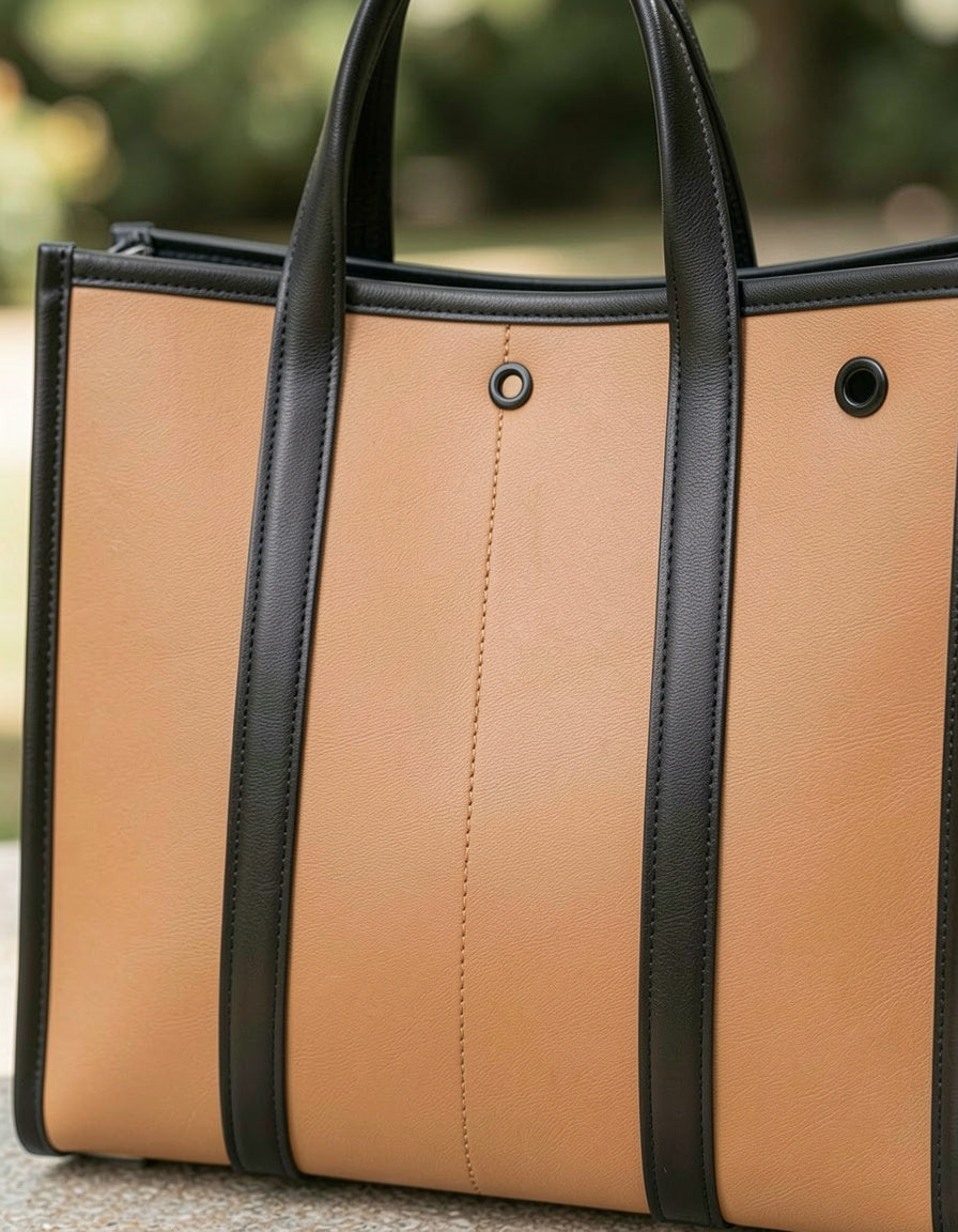 Calais Noir Contrast Tote Bag - close-up detail of camel vegan leather with black stripe trim and handles