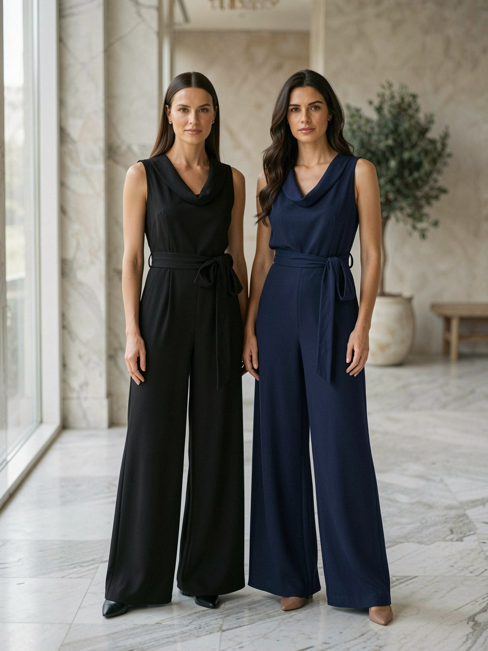 Sleeveless wide-leg tie-waist jumpsuit shown in black and navy colorways
