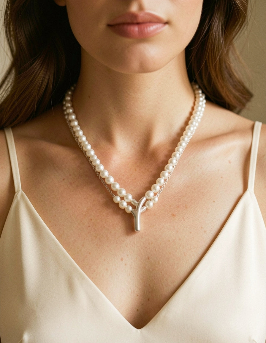 Double Layered Pearl Y-Shaped Necklace - close-up worn with ivory silk top