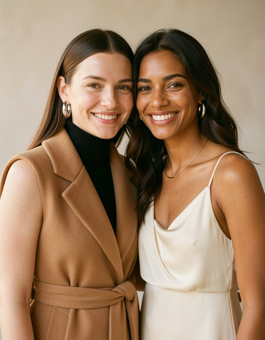 Dos modelos sonriendo usando los aros gruesos de acero inoxidable
