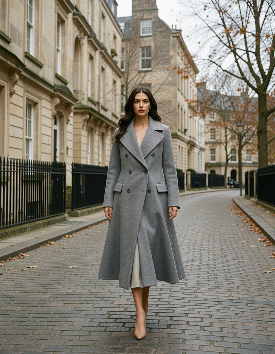 Grey wool coat on a city street