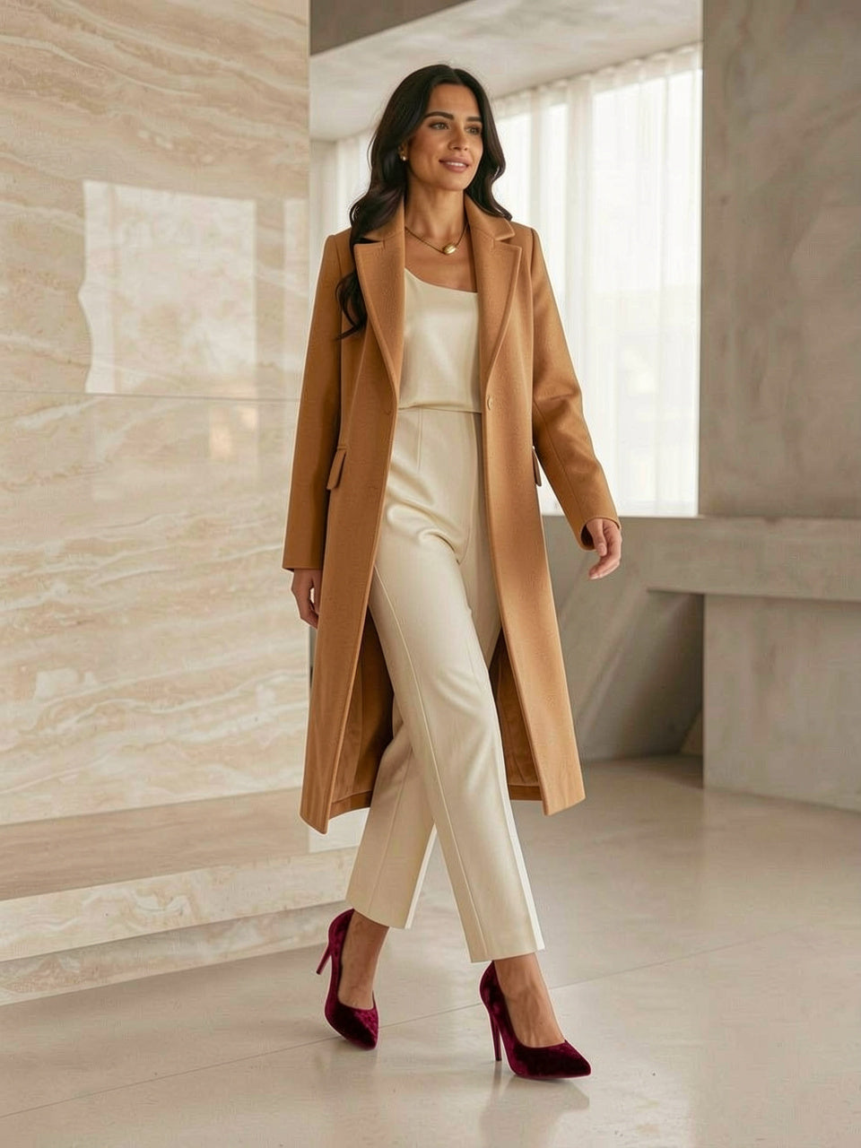 Point Toe Stiletto Pumps in wine red velvet, styled with a solid camel coat and ivory silk separates, walking through a marble hallway