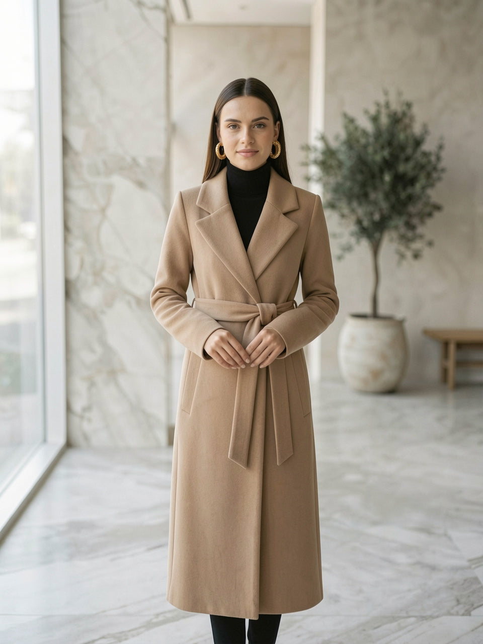 Model wearing textured gold-plated hoop earrings in a marble old-money interior