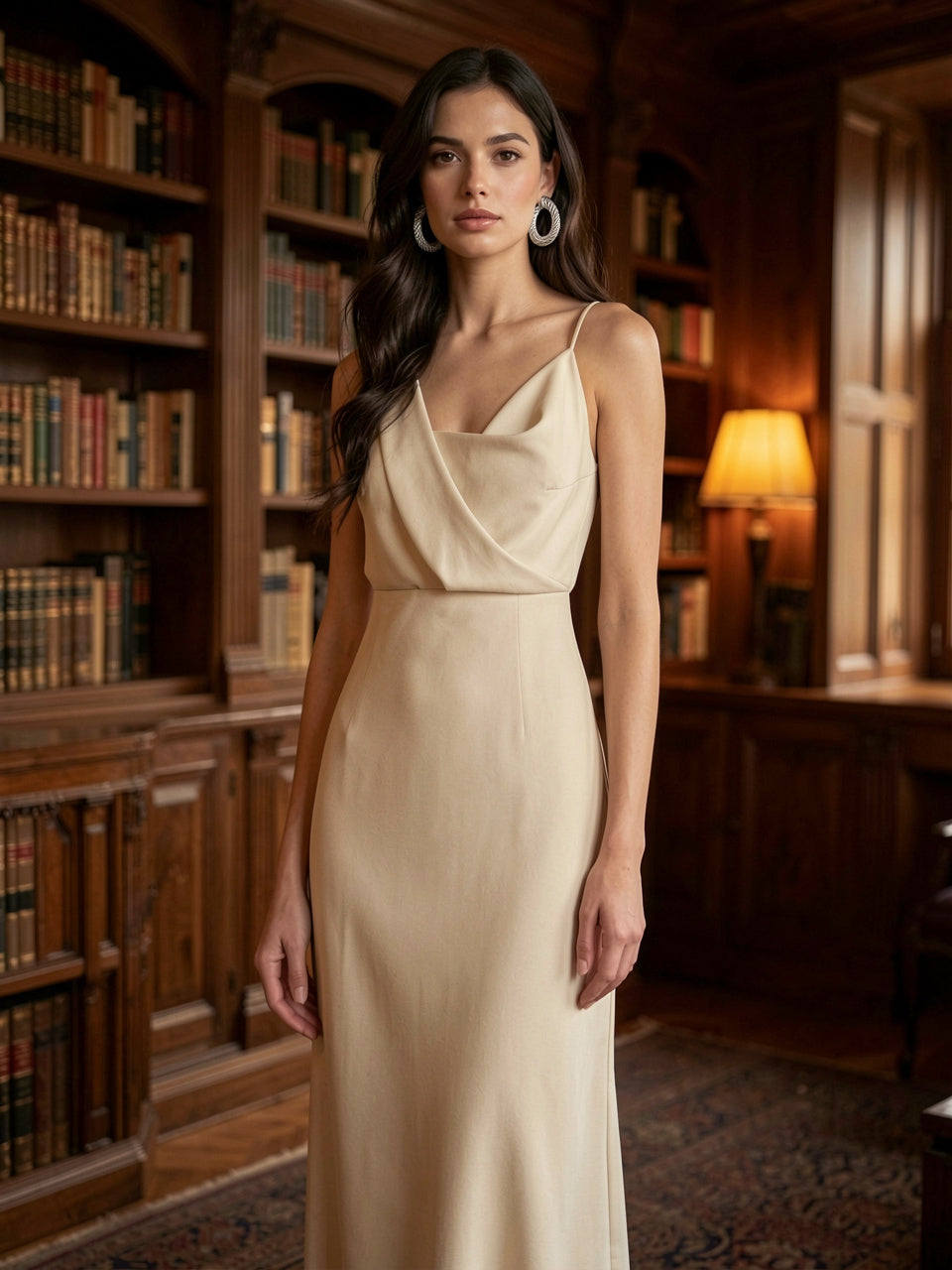Model wearing textured silver-plated hoop earrings in a wood-paneled library