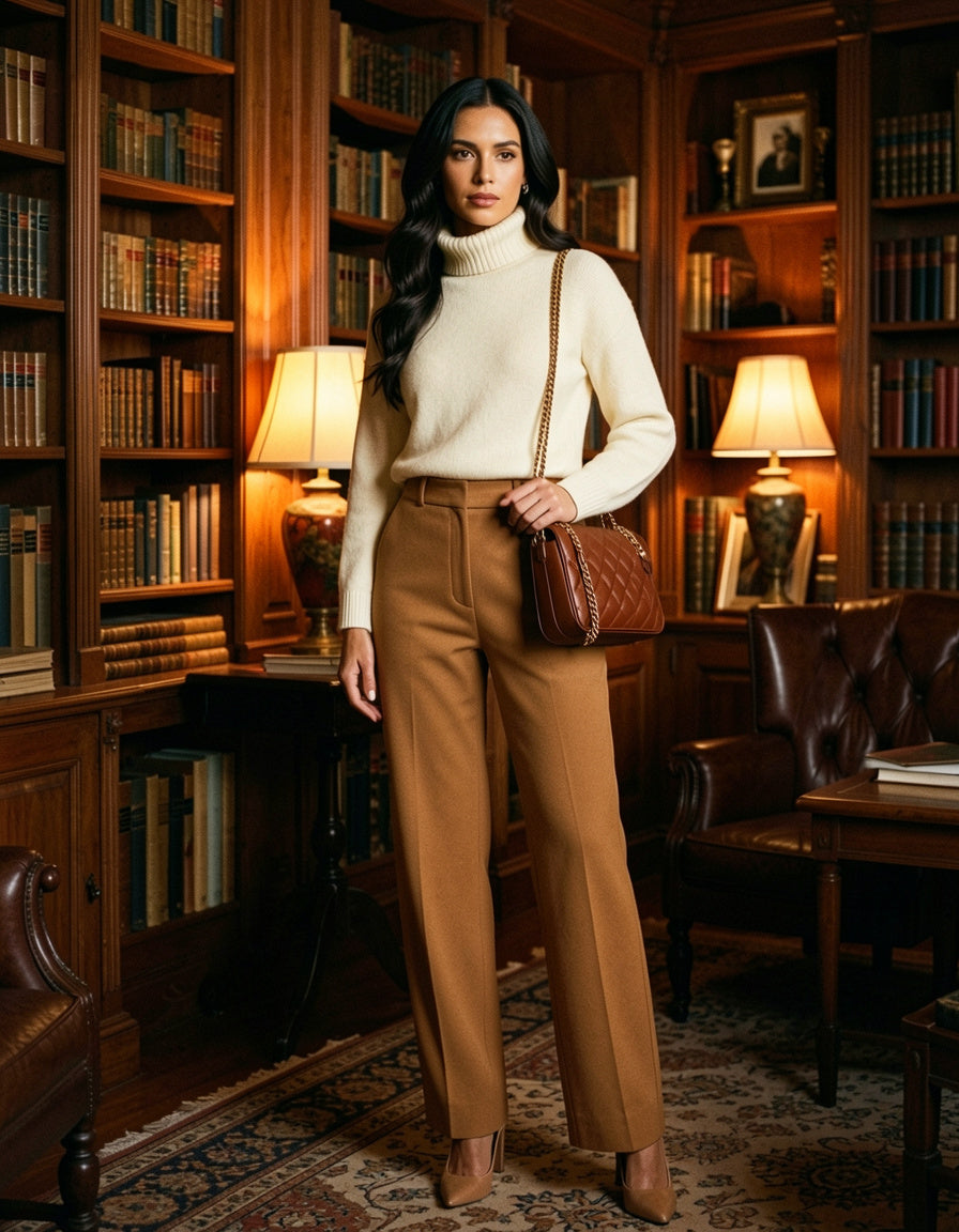 Modelo en biblioteca de madera con Quilted Chain Shoulder Bag marron