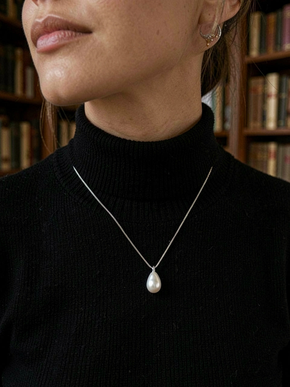 925 Sterling Silver Pearl Drop Necklace, side angle